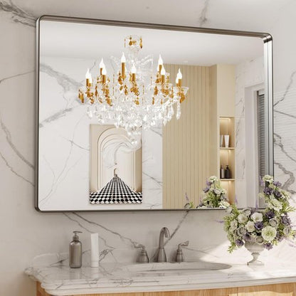 LOAAO Brushed Nickel Bathroom Mirror - 48x36 Inch Rounded Rectangle, Anti-Rust & Shatterproof Design