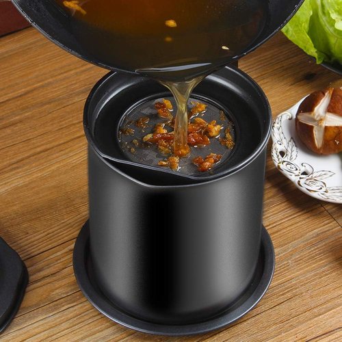 Cambom Bacon Grease Container - 1.3L Iron Cooking Oil Can with Fine Mesh Strainer & Coaster Tray | Black