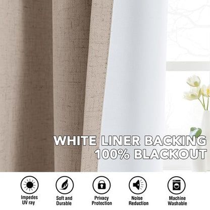 H.VERSAILTEX Linen Curtains 100% Blackout Curtains for Bedroom 54 inch Long Full Light Blocking Nature Linen Blended Window Curtains for Living Room Nickel Grommet (2 Panels, Heathered Sand)