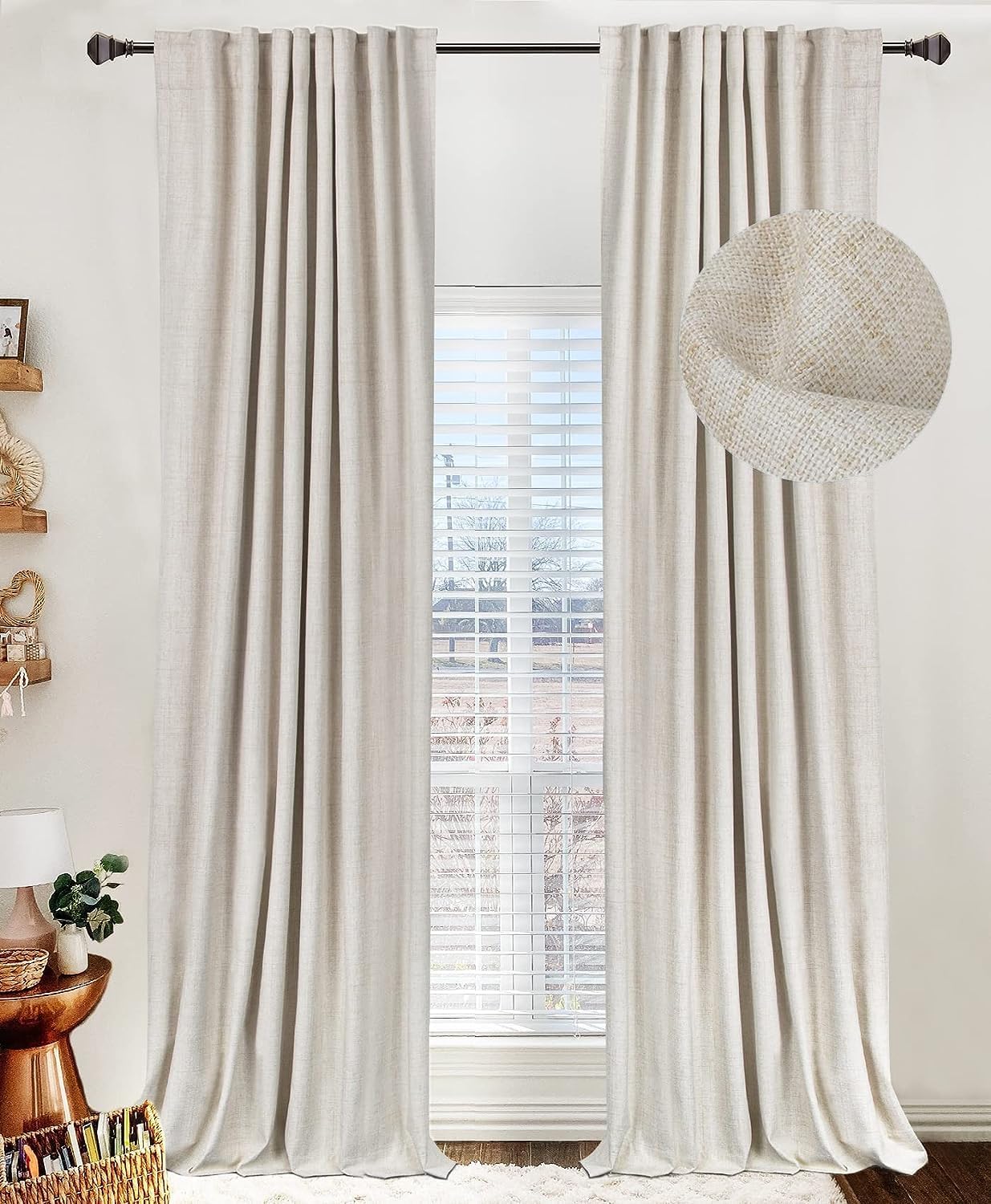 Skiennix 100% Blackout Linen Curtains - Thermal Insulated Drapes for Bedroom | 50" W x 96" L, Cream
