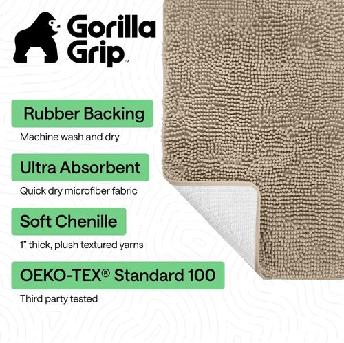 GORILLA GRIP Bath Mat - Thick, Soft, Absorbent Polyester with Rubber Backing | Quick Dry, Machine Washable, 107x61 cm, Beige