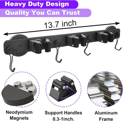 Skiennix Magnetic Mop Holder - Heavy Duty Tool Organizer with Swivel Hooks for Kitchen & Garage