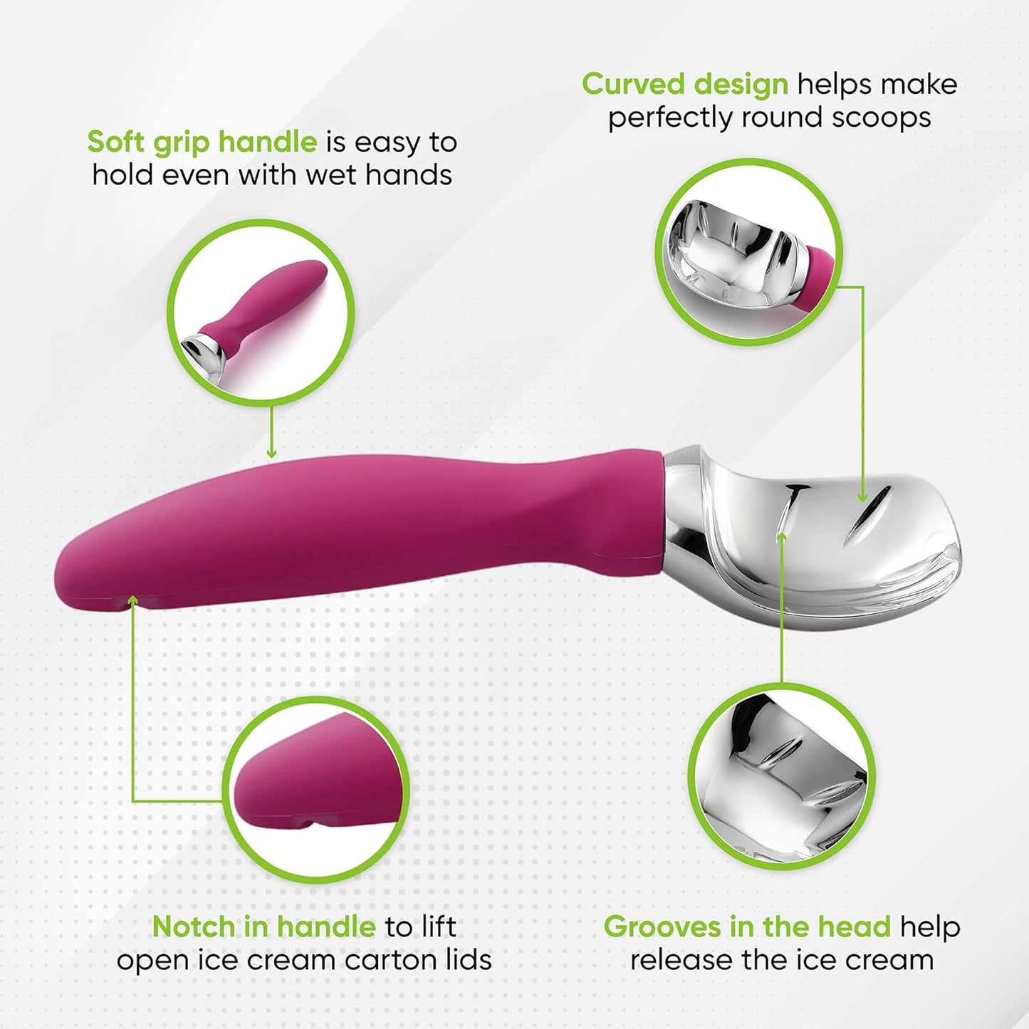Spring Chef Heavy Duty Ice Cream Scoop - Non-Slip Handle for Gelato, Sorbet & Sundae - Magenta