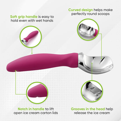 Spring Chef Heavy Duty Ice Cream Scoop - Non-Slip Handle for Gelato, Sorbet & Sundae - Magenta