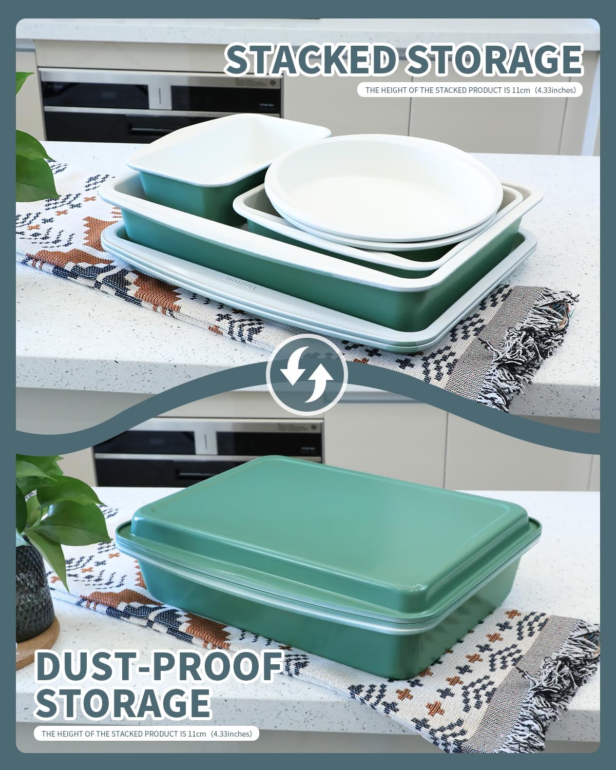 Skiennix Ceramic Nonstick Baking Pans Set - 33 PCS Stackable Bakeware, 550°F Oven Safe, Dishwasher Safe (Green)