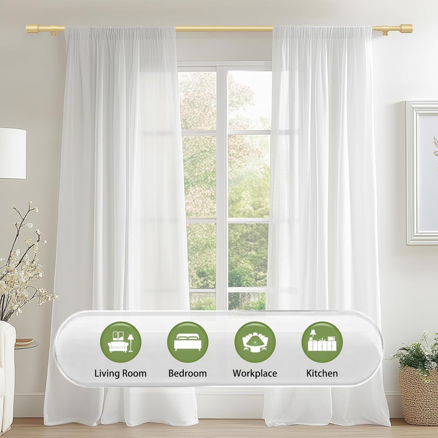 Skiennix Adjustable Gold Curtain Rods - 5/8” Diameter, 30-60 Inch for 30-54 Inch Windows
