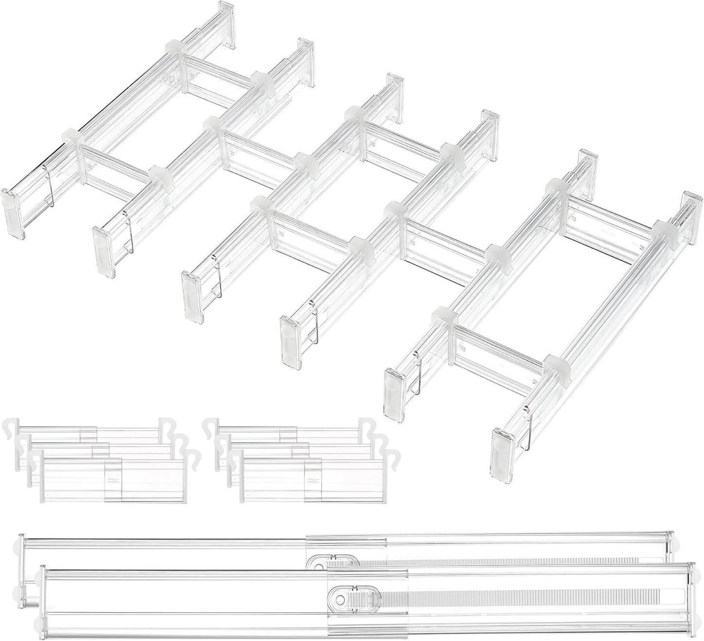 Vtopmart Drawer Dividers - Expandable Kitchen Organizer with 8 Dividers & 14 Inserts | Adjustable 12.8"-22.3" Clear Plastic Separator for Utensils & Cutlery