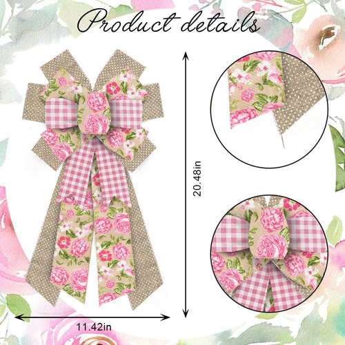Hying Large Spring Flower Bow - Pink Natural Burlap Wreath Bow for Easter & Birthday Decor