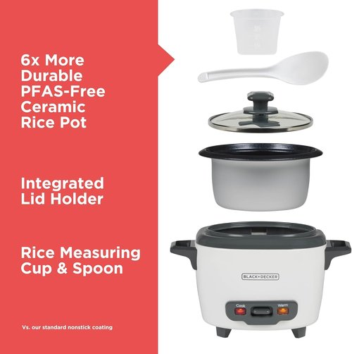 BLACK+DECKER 3-Cup Rice Cooker - One-Touch Operation, Removable Non-Stick Bowl, Steaming Basket | White