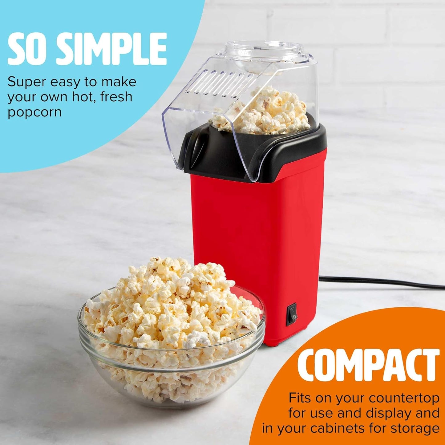 Tasty Hot Air Popcorn Popper - Healthy, Delicious Popcorn in Minutes | Built-In Measuring Cup & Butter Warmer, 8 Cups, Red