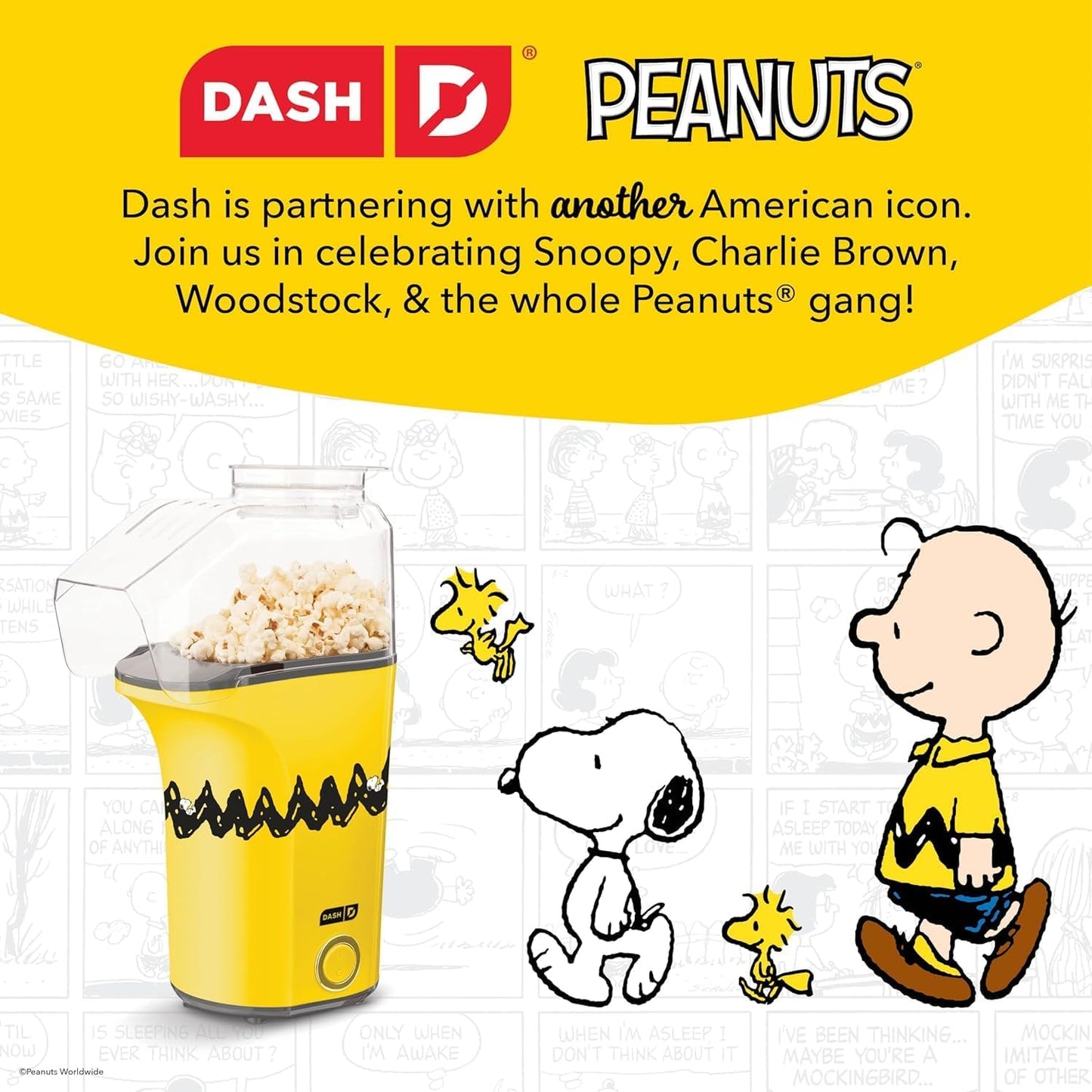 Peanuts DASH Fresh Pop Popcorn Maker - Oil-Free Air Popcorn Popper with Measuring Cup & Recipe Guide - 16 Cups for Movie Nights