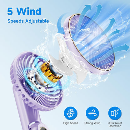 Skiennix Portable Handheld Fan - 180° Foldable USB Rechargeable Mini Fan | 5 Adjustable Speeds, LED Display, Purple