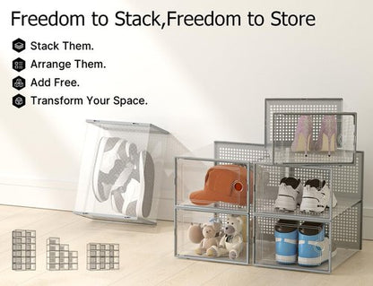 Kuject Shoe Storage Boxes - XX-Large Clear Plastic Organizers, Stackable 12-Pack for Closet & Under Bed, Grey