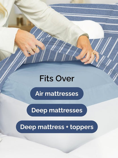 Extra Deep Full Fitted Sheet - Hotel Luxury Single Fitted Sheet Only - Easily Fits 18 inch to 24 inch Mattress - Ultra Soft, Wrinkle Free with Extra Deep Pockets - Breathable & Comfy - Blue Stripes