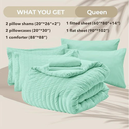 HYMOKEGE Queen Comforter Set - Mint Green Seersucker 7-Piece Luxury Bedding | All-Season Bed in a Bag