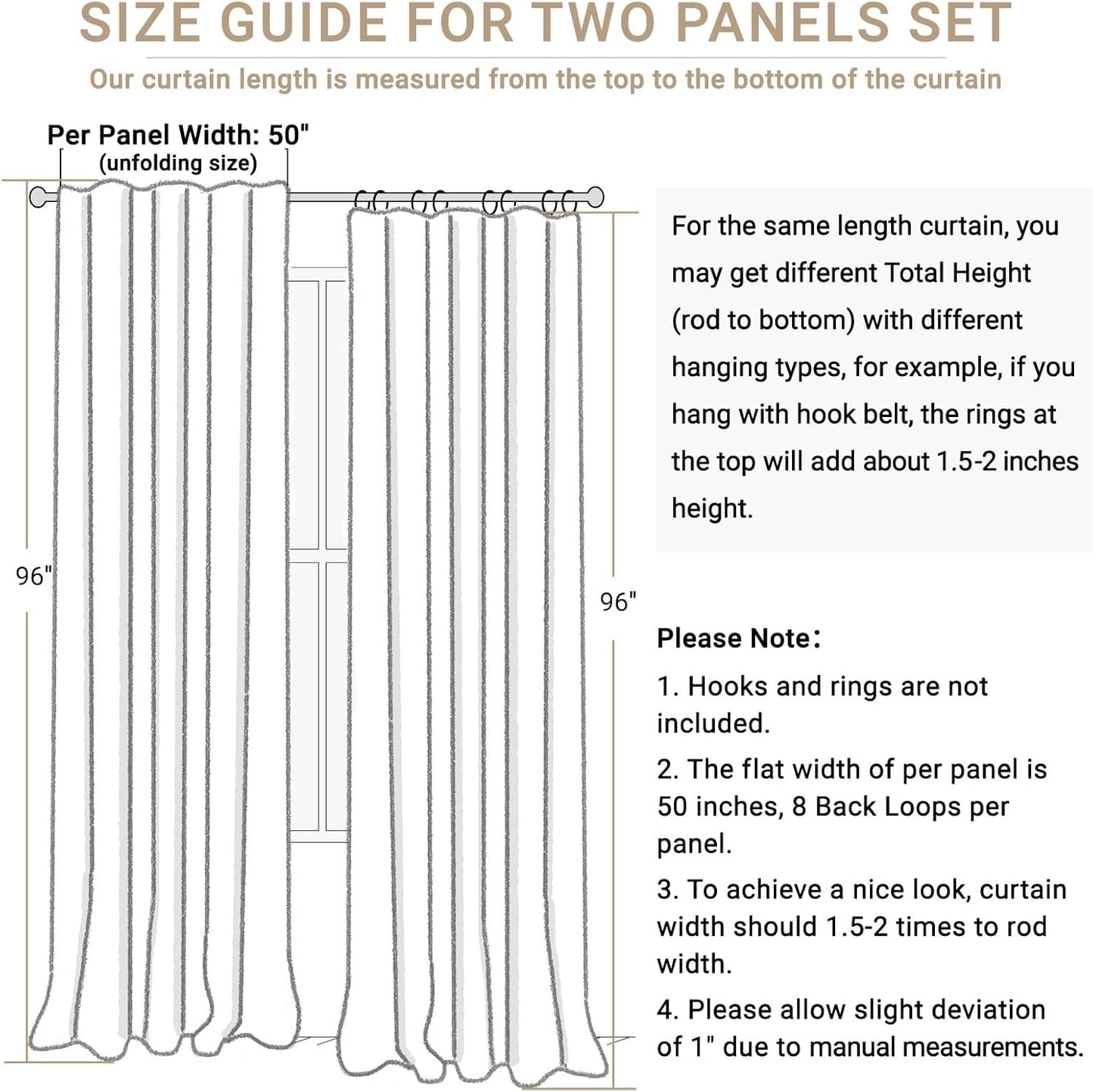 Skiennix 100% Blackout Linen Curtains - Thermal Insulated Drapes for Bedroom | 50" W x 96" L, Cream
