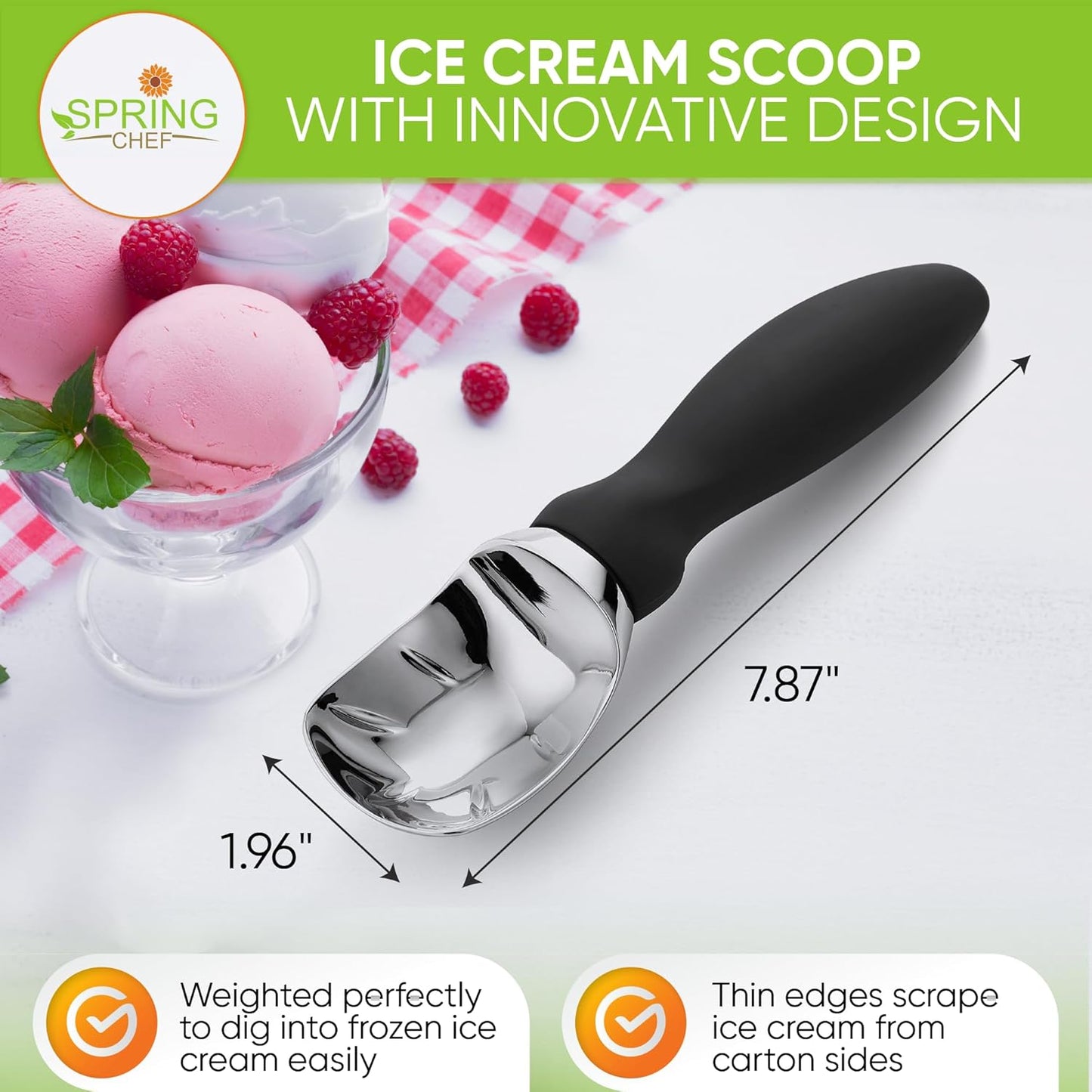 Spring Chef Heavy Duty Ice Cream Scoop - Comfortable Handle for Gelato, Sorbet & More | Dishwasher Safe Metal - Black