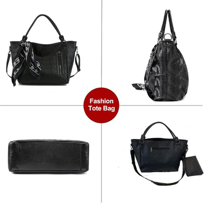 Zuoge Women’s Skull Tote Bag - Studded PU Leather Handbag with Purse & Scarf Set (3 Pieces)