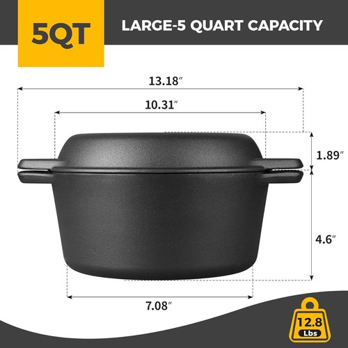 EDGING CASTING 5QT Pre-Seasoned Cast Iron Dutch Oven | Versatile Skillet Lid & Sourdough Baking Set
