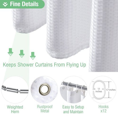 Dynamene Long White Fabric Shower Curtain - Waffle Textured Tall Heavy Duty Cloth Shower Curtains for Bathroom, 256GSM Large Hotel Spa Luxury Bath Curtain Set with 12 Plastic Hooks(72Wx78H, White)