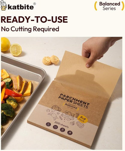 Katbite Parchment Paper - 200 Pcs Unbleached Non-Stick Baking Sheets | 8 x 8 Inch, Oil Resistant & Easy Clean