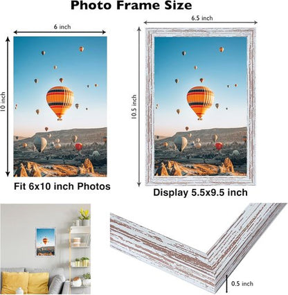 JCJMY Rustic White Picture Frame - 6x10 Wall or Tabletop Display with Shatter-Resistant Plexiglass