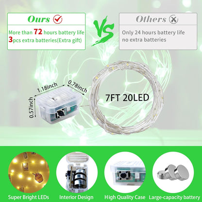 Skiennix 12-Pack Green Fairy Lights - 7Ft 20 LED Twinkle String Lights | Battery Operated & Waterproof for Halloween & Christmas Decor