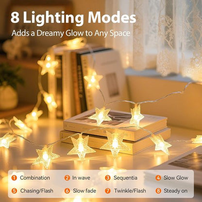 Lakumu Star String Lights - 33FT 100LED Battery Operated Fairy Lights with 8 Modes & Timer | Warm White Indoor Decor