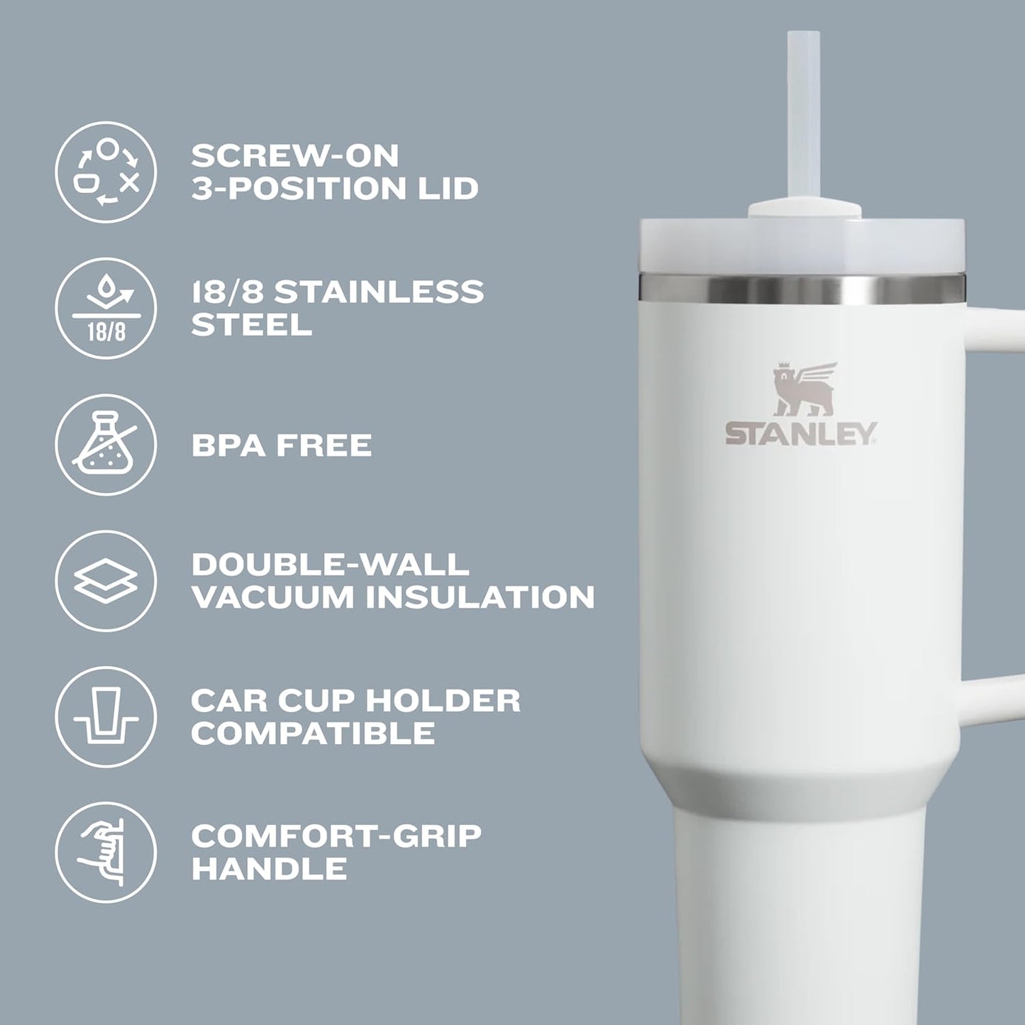 STANLEY Quencher H2.0 Tumbler - 30 oz Insulated Stainless Steel with Handle & Straw | BPA-Free | Ash Color