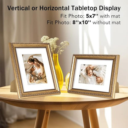 JCJMY Vintage Picture Frame - Elegant 8x10 Frame with 5x7 Mat | Shatter-Resistant Plexiglass, Gold Finish