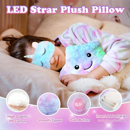 64pcs Unicorn Gifts Toys for Girls Kids Toys 5 6 7 8 9 10+ Years Old Halloween Thanksgiving Christmas Birthday Gifts Box with Star Light Up Pillow Stuffed Diary with Lock Headband Water Bottle sticker