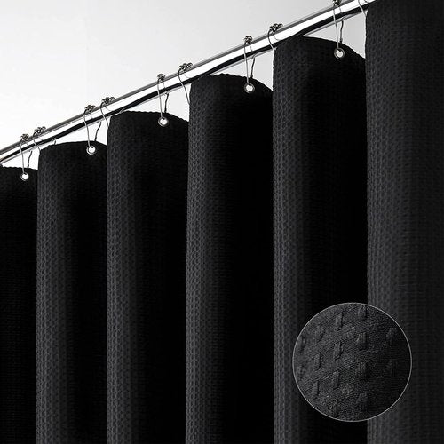 Dynamene Long Black Fabric Shower Curtain - Waffle Textured Tall Heavy Duty Cloth Shower Curtains for Bathroom, 256GSM Large Hotel Spa Luxury Bath Curtain Set with 12 Plastic Hooks(72Wx80H, Black)