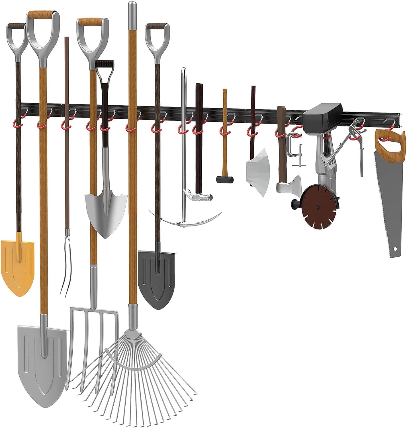 WALMANN 64-Inch All Metal Wall Mount Garden Tool Organizer - Durable Storage Rack with 4 Rails & 16 Hooks