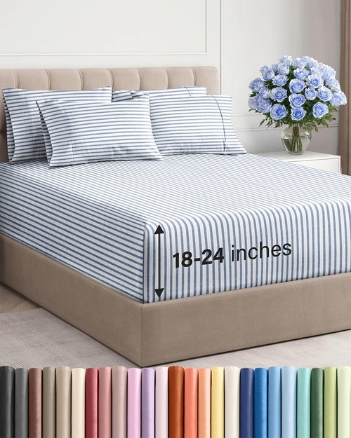 Extra Deep Full Sheet Set - 6 Piece Breathable and Cooling Sheets - Hotel Luxury Bedding for Women, Men, Kids & Teens - Easy & Secure Fit - Soft and Wrinkle Free - Extra Deep Pockets - Blue Stripes