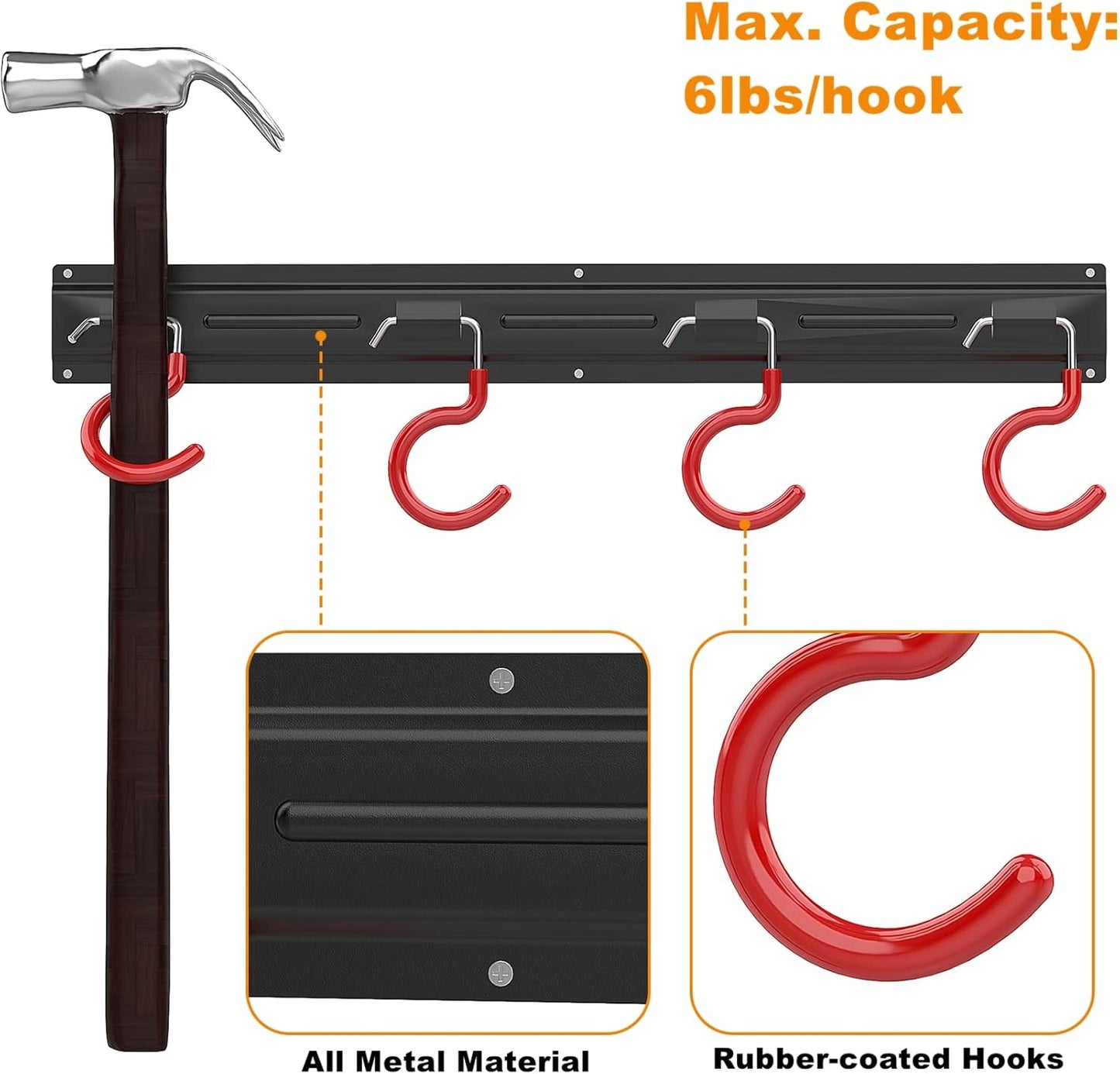 WALMANN 64-Inch All Metal Wall Mount Garden Tool Organizer - Durable Storage Rack with 4 Rails & 16 Hooks