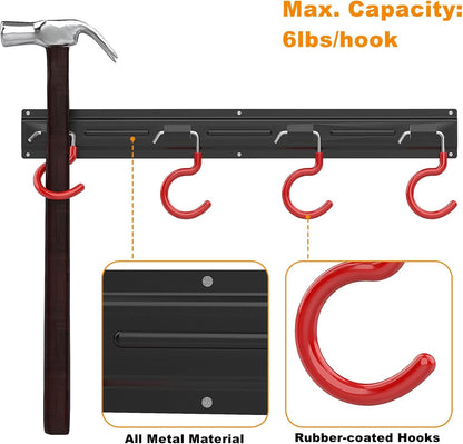 WALMANN 64-Inch All Metal Wall Mount Garden Tool Organizer - Durable Storage Rack with 4 Rails & 16 Hooks
