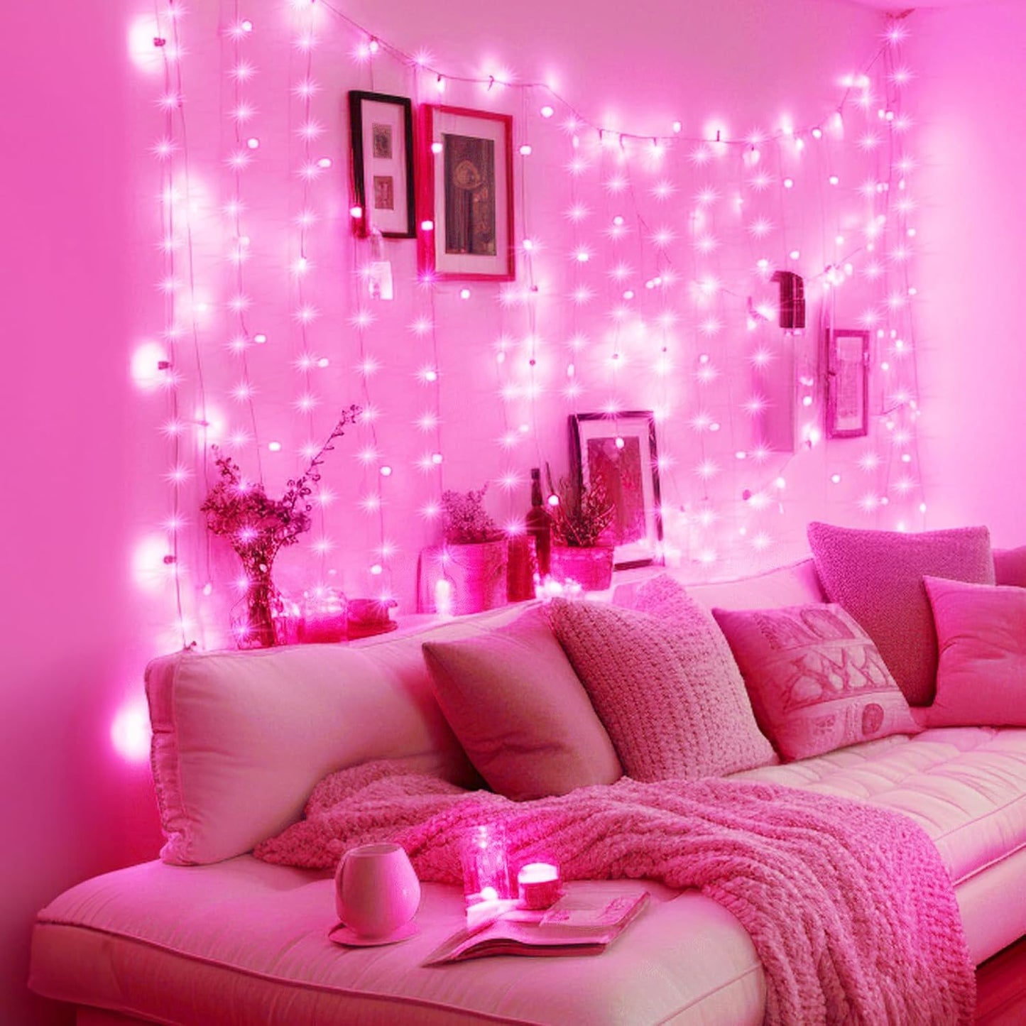 Minetom 300 LED Dimmable Fairy Curtain Lights - Remote & Timer, 8 Modes, USB Powered, Pink Indoor Decor