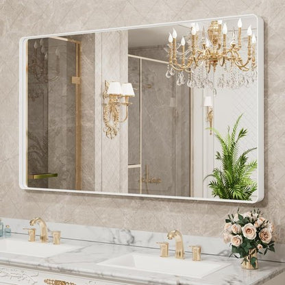 LOAAO Bathroom Mirror - 55x36 Inch White Metal Framed Rounded Rectangle | Anti-Rust Tempered Glass, Versatile Hanging Options