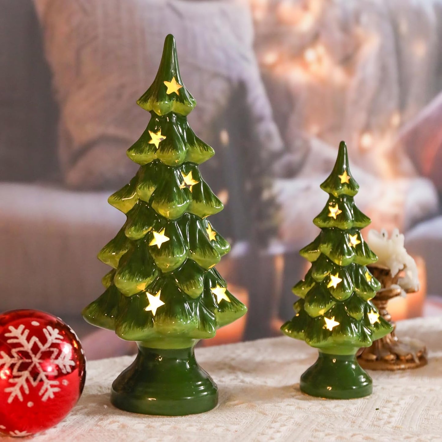 Taman Ceramic Christmas Tree Set - Light Up Tabletop Decor with Warm Lights | 10” & 7.5” Sizes