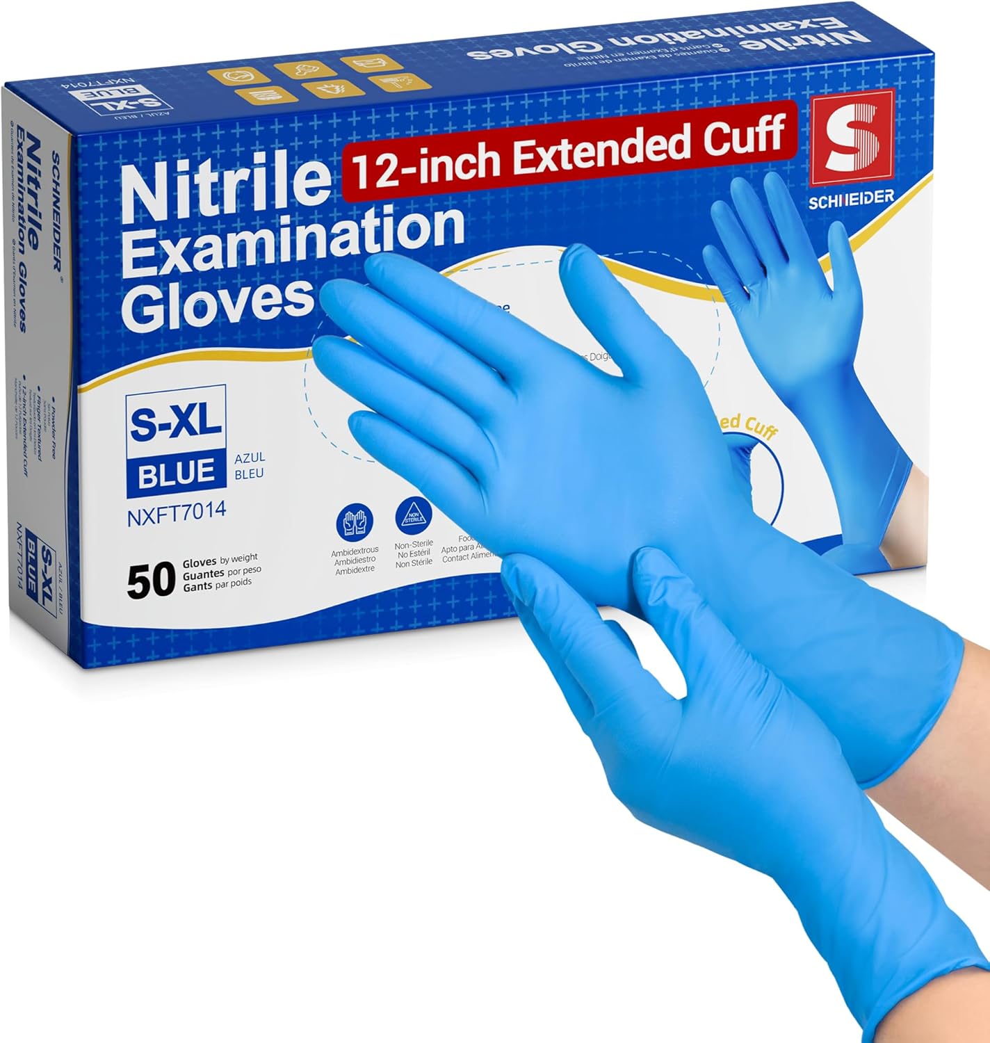 Schneider Nitrile Exam Gloves - Extended 12-Inch Cuff, Medium, 4 Mil, 50-Count | Latex-Free, Powder-Free, Blue
