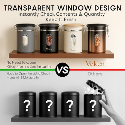 Veken Coffee Canister - Airtight Stainless Steel Food Storage with Window & Date Tracker | 16oz Cream