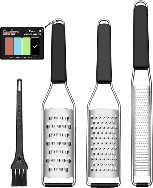 Cambom Lemon Zester Grater Set - Heavy Duty Kitchen Tool for Cheese, Ginger, Garlic & More | Stainless Steel, Black