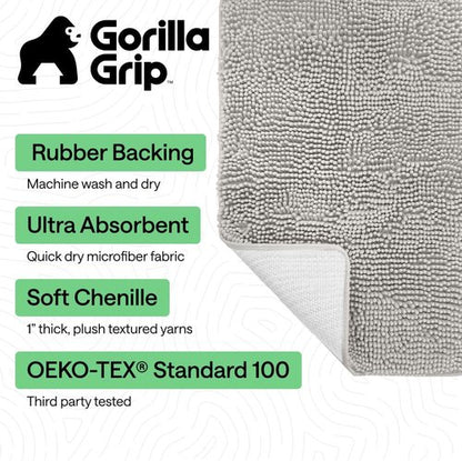GORILLA GRIP Bath Rug Mat - Soft Absorbent Chenille | Quick-Dry Microfiber, 44x26, Light Gray
