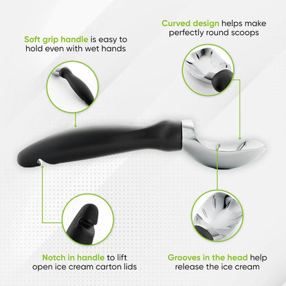 Spring Chef Heavy Duty Ice Cream Scoop - Comfortable Handle for Gelato, Sorbet & More | Dishwasher Safe Metal - Black