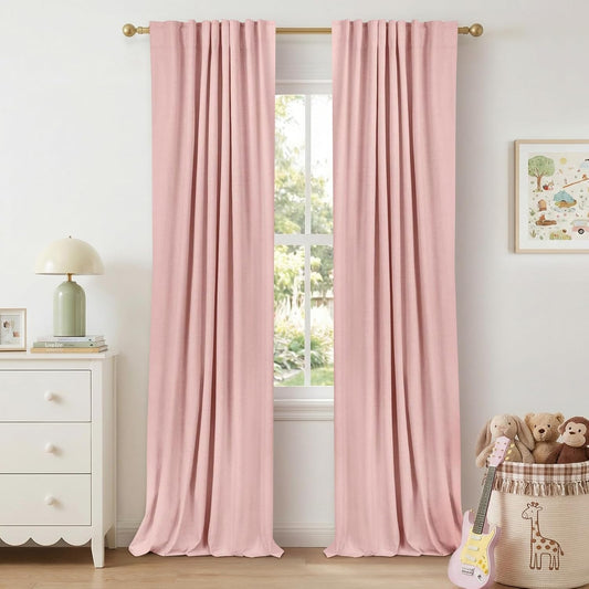 Skiennix 100% Blackout Linen Curtains - Thermal Insulated Drapes for Bedroom | 84" Long, Baby Pink, 2 Panels Set