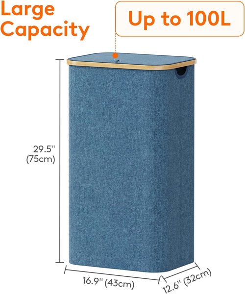 Lifewit 100L Laundry Basket - Foldable Hamper with Lid & Bamboo Handles | Dark Blue, Removable Bag