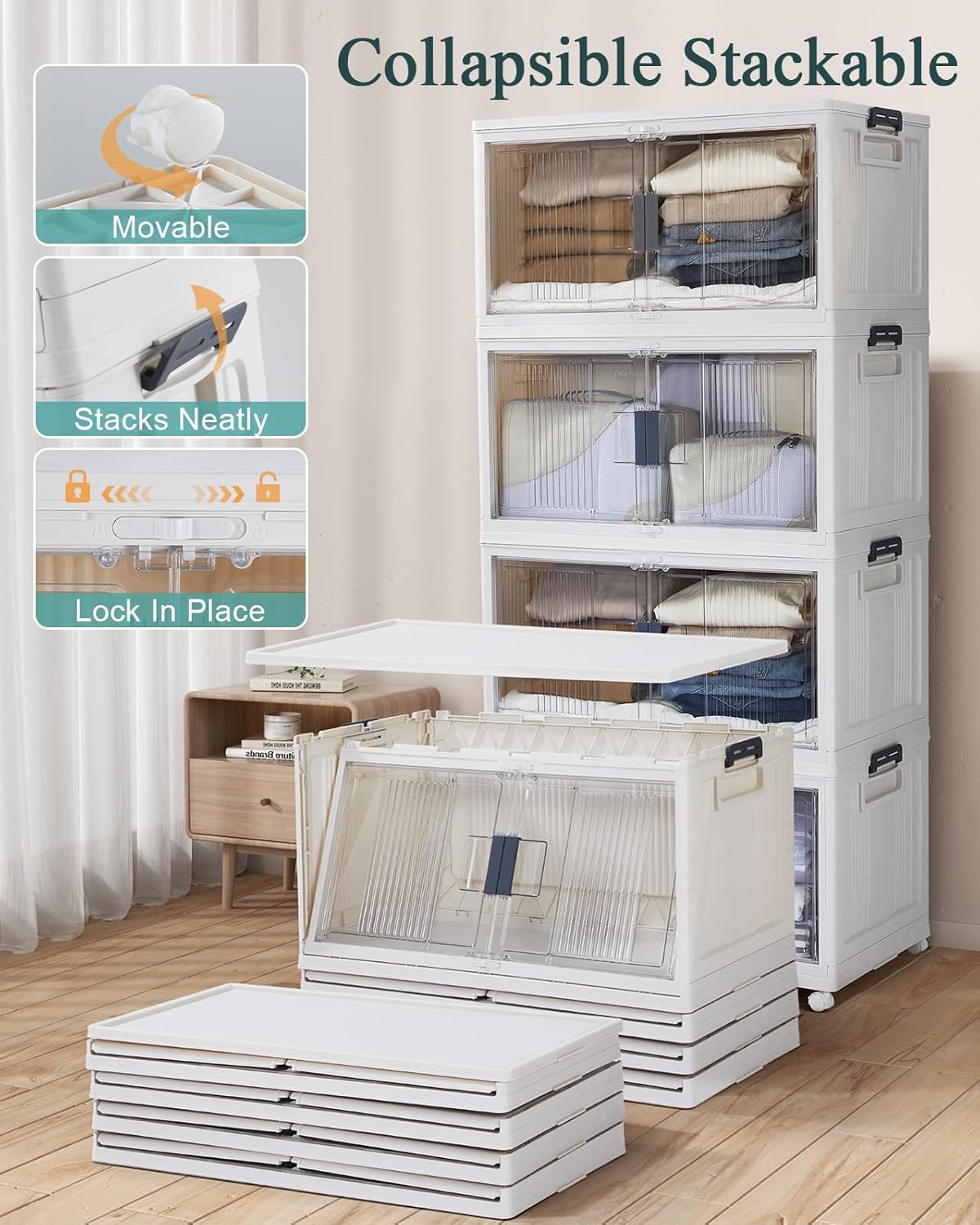 OlarHike Stackable Storage Bins with Lids - Collapsible 97QT Folding Boxes with Wheels | 5 Pack for Easy Organization