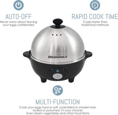 Elite Gourmet EGC-508 Rapid Egg Cooker - 7 Egg Capacity, Auto Shut-Off, Stainless Steel Design | Recipe Book Included