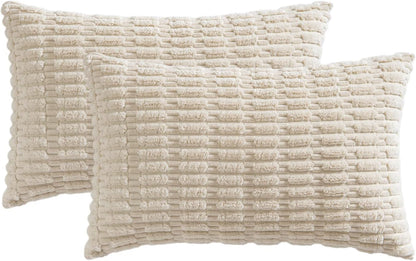 MIULEE Corduroy Lumbar Throw Pillow Covers - Soft Boho Striped Design | 20x12 Inch Cream White for Modern Home Decor