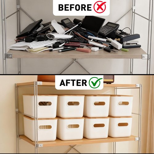Citylife Storage Bins - Stackable 7QT Plastic Organizer Boxes with Bamboo Lids | 4 Pack, 10" L x 7" W x 5.8" H